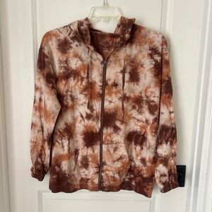 Sundown by Splendid Full Zip  Drawstring Hoodie Sweatshirt Brown Rust Tie Dye